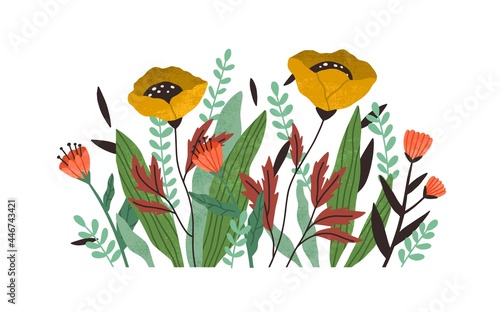 Blooming autumn flowers with blossomed buds and leaf. Modern botanical border for decoration. Beautiful delicate wildflowers. Textured flat vector illustration isolated on white background