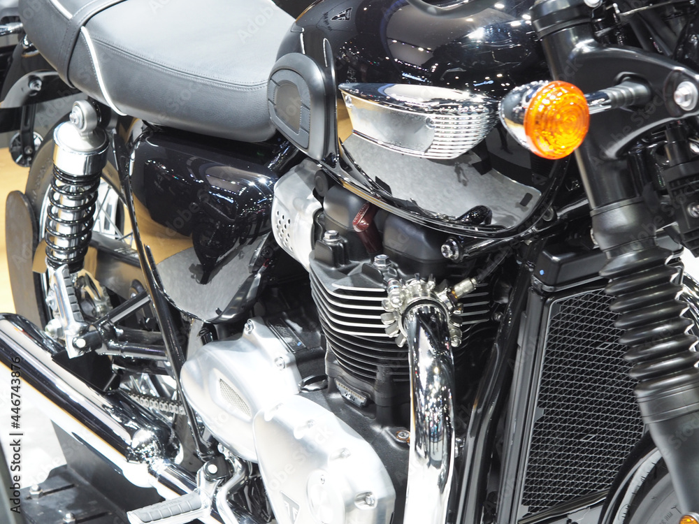 Detail of new engine of motorcycle technology shiny and clean from factory the transportation concept Detail of new engine of motorcycle technology shiny and clean from factory the transportation concept
