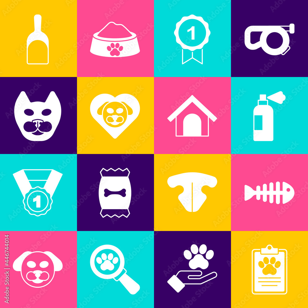 Set Clinical record pet, Fish skeleton, Pet shampoo, Dog award symbol, Heart with dog, Cat, Dustpan and house icon. Vector Set Clinical record pet, Fish skeleton, Pet shampoo, Dog award symbol, Heart with dog, Cat, Dustpan and house icon. Vector