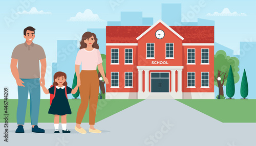 Parents take their child to school. Time to Go to school. Vector illustration in flat style photo