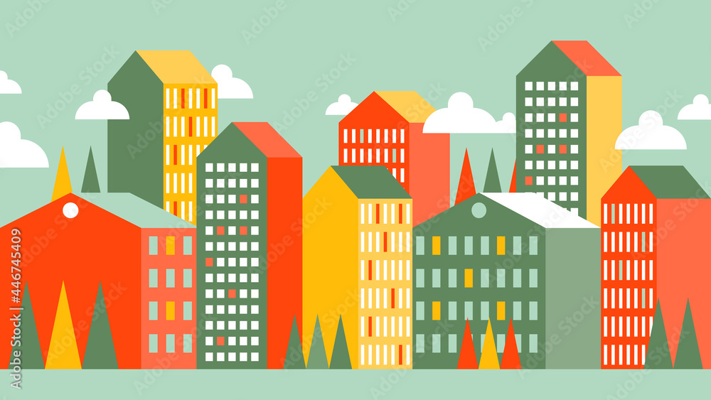Geometric Town Illustration. Big Graphic City. Colorful High Buildings and Houses. Bright Horizontal Background. Vector illustration
