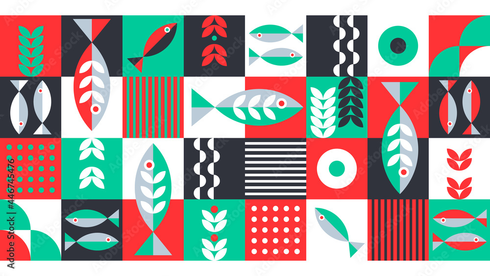 Marine Geometric Background with Colorful Fishes and Seaweed. Underwater World Illustration. Vector illustration