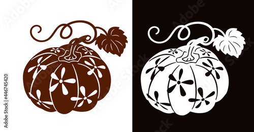 Decorative pumpkins with carved flowers. Stencil for cutting.