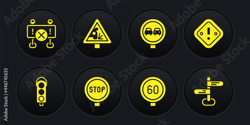 Set Traffic light, Exclamation mark in triangle, Stop sign, Speed limit traffic, No overtaking road, Warning, Road and barrier icon. Vector