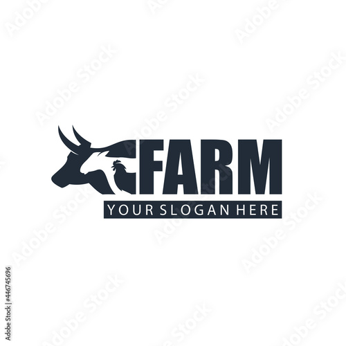 monochrome label of farm animals cow, chicken and sheep isolated on white background