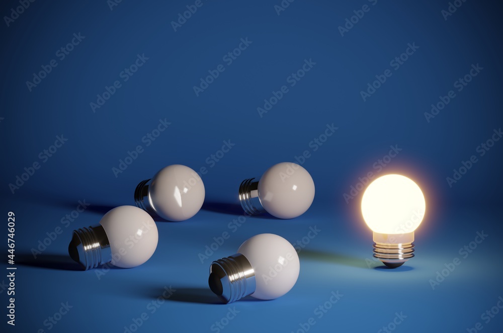 3D rendering, One glowing light bulb standing out from the unlit incandescent bulbs with reflection, The business concept and individuality concept 3D rendering, One glowing light bulb standing out from the unlit incandescent bulbs with reflection, The business concept and individuality concept