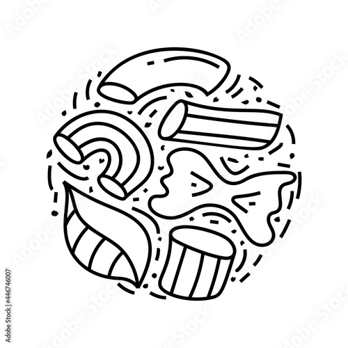 Italian pasta. Graphic doodle print. Penne, farfalle, conchiglie, rigati, rigatoni. Round hand drawn illustration. Black isolated vector emblem on white background