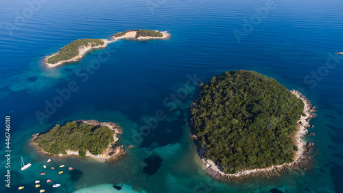 Beautiful aerial view of Ksamil from above islands and sea, Albanian Riviera © Angelov
