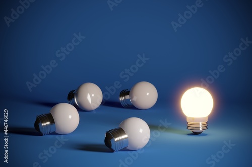 3D rendering  One glowing light bulb standing out from the unlit incandescent bulbs with reflection  The business concept and individuality concept