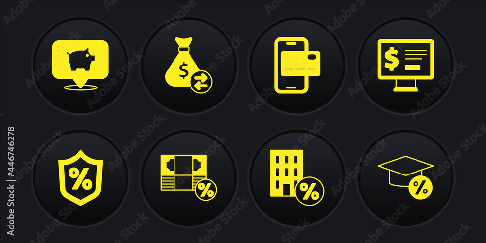 Set Loan percent, Monitor with dollar, Money, House percant discount, Mobile banking, bag, Graduation cap and coin and Piggy icon. Vector Set Loan percent, Monitor with dollar, Money, House percant discount, Mobile banking, bag, Graduation cap and coin and Piggy icon. Vector