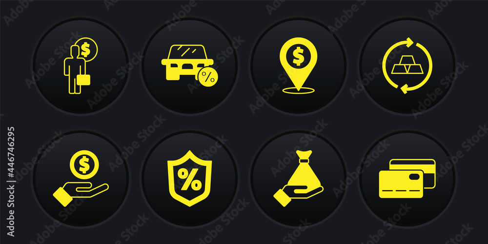 Set Hand giving money, Gold bars, Loan percent, Money hand, Cash location, Car leasing, Credit card and Business man planning mind icon. Vector Set Hand giving money, Gold bars, Loan percent, Money hand, Cash location, Car leasing, Credit card and Business man planning mind icon. Vector
