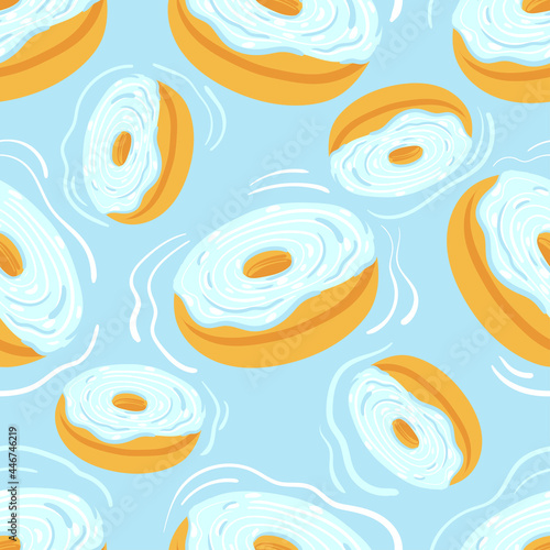 Sweet seamless pastry pattern with glazed donut and sprinkles. Flat vector background.