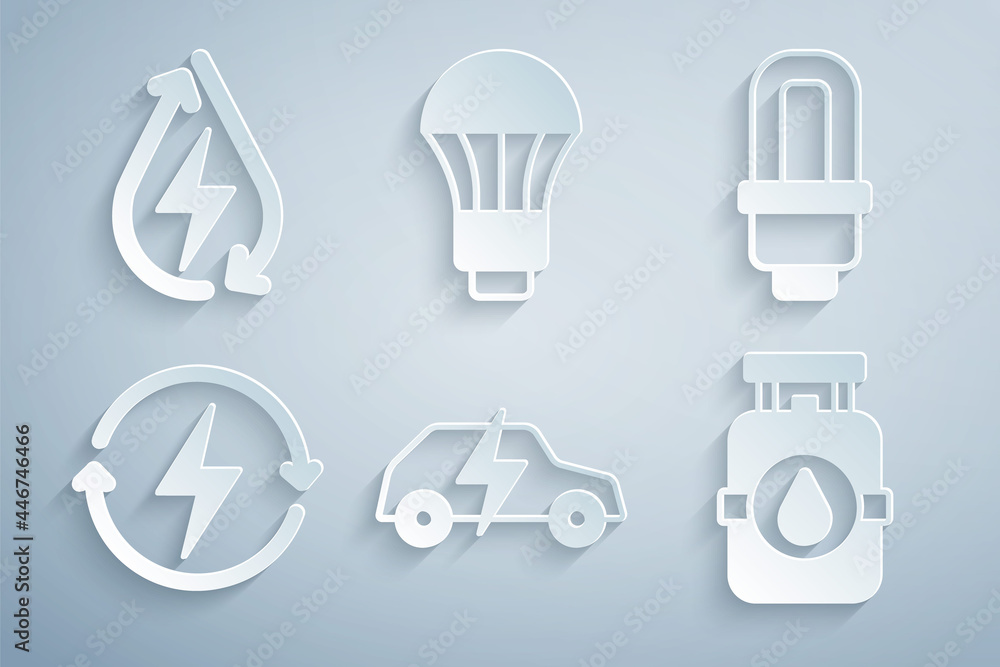Set Electric car, LED light bulb, Recharging, Propane gas tank, and Water energy icon. Vector Set Electric car, LED light bulb, Recharging, Propane gas tank, and Water energy icon. Vector