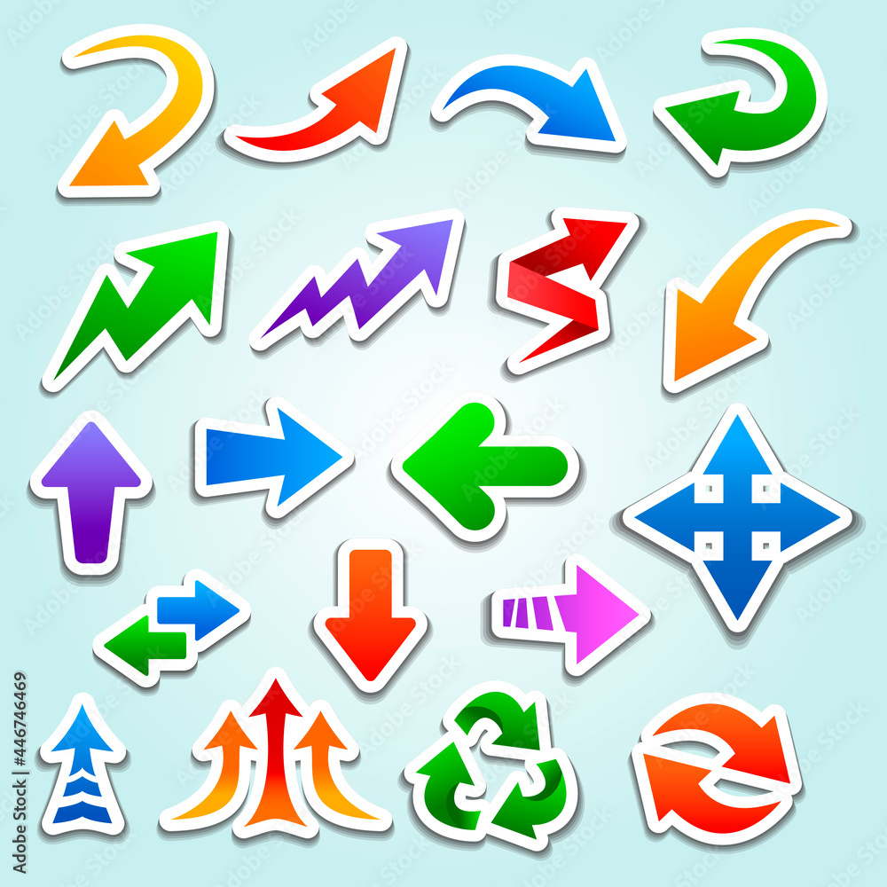 Cartoon arrow icons set. Vector directional pointers in different colors with white strokes isolated on blue background. Cartoon arrow icons set. Vector directional pointers in different colors with white strokes isolated on blue background.