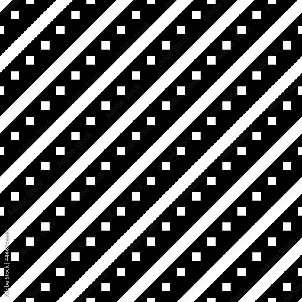 Squares diagonal and stripes. Vector white diagonal ornament and black background.