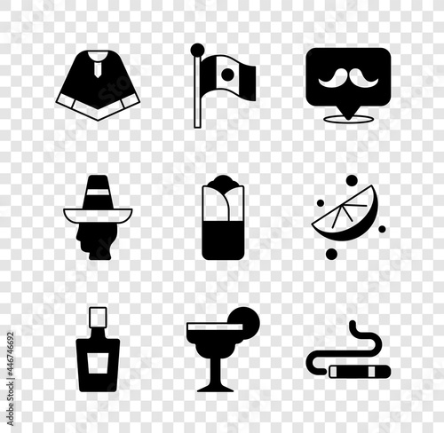 Set Poncho, Mexico flag, Mustache, Tequila bottle, Margarita cocktail, Cigar, Mexican man sombrero and Burrito icon. Vector