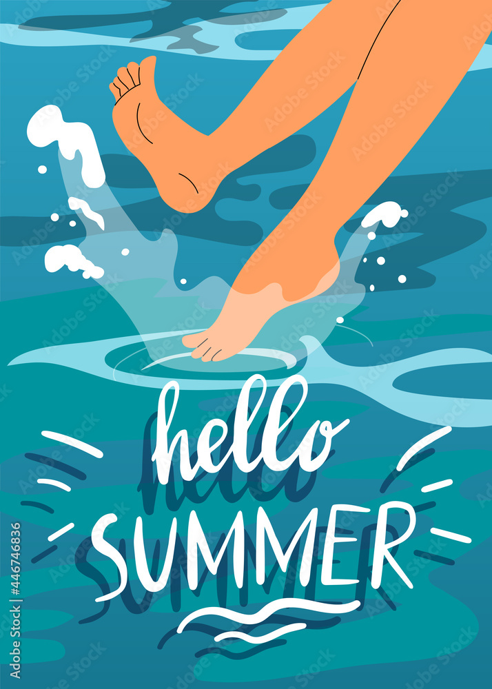 Hello Summer poster - feet making splashes in the water. Hand drawn lettering phrase. Vector illustration in flat style, isolated.