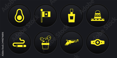 Set Cigar, Mexican sombrero, Cactus or succulent in pot, Vintage pistols, Tequila bottle, Mexico flag, Wrestling championship belt and Avocado fruit icon. Vector