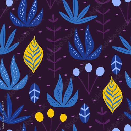 Vector seamless pattern with colorful leaves, plants and flowers in flat doodle style, vivid blue, yellow and purple colors
