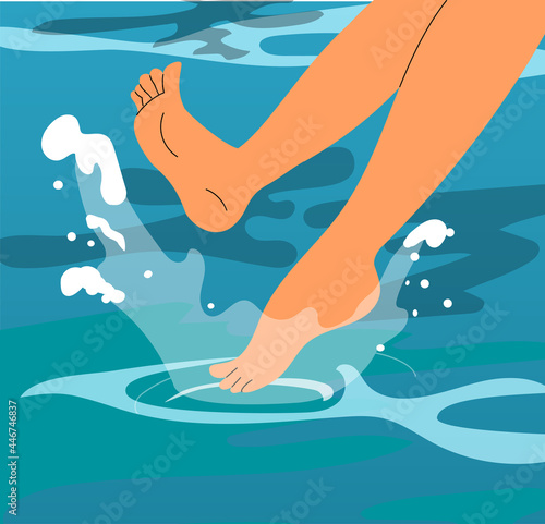 Woman feet making splashes in the blue sea water. Vector illustration in flat style, isolated.