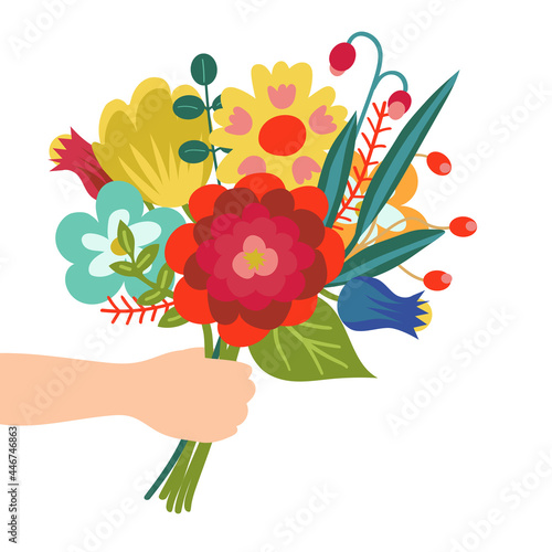 Gift for you. Flower bouquet in hand illustration in flat style. Isolated on white background. photo
