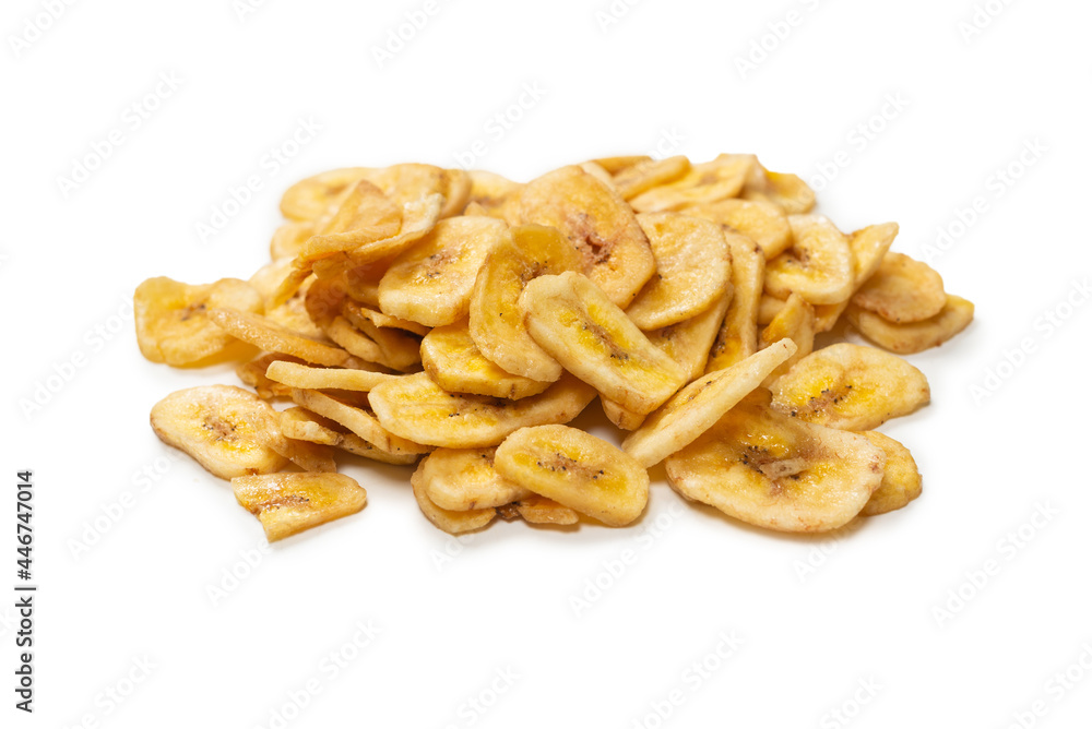 Banana chips isolated on a white background. Dehydrated banana.