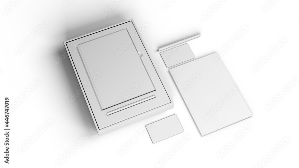 3d rendered mockup box set, card name, book, pencil 3d rendered mockup box set, card name, book, pencil