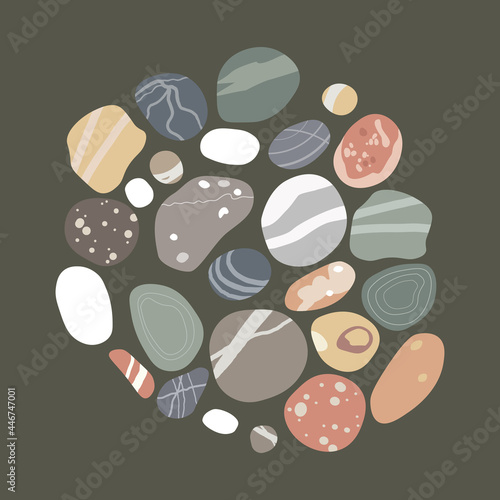 Flat sea colorful pebbles set. Small stones of different shapes and colors. Vector illustration collection.