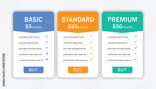 Colorful of pricing table with three options vector illustration
