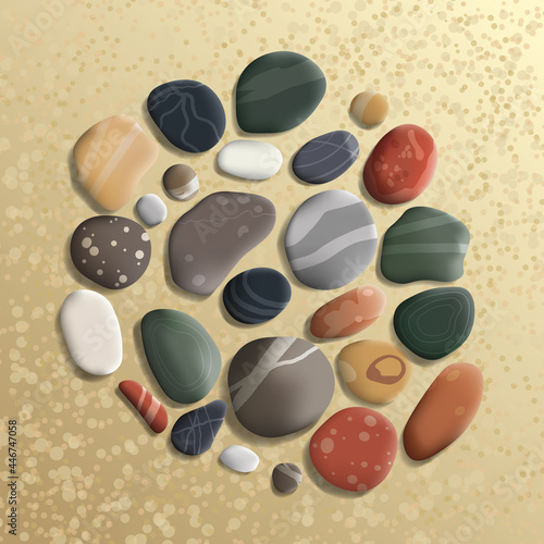 Realistic colorful sea pebbles on the sand set.  Collection of vector volumetric illustrations, isolated.