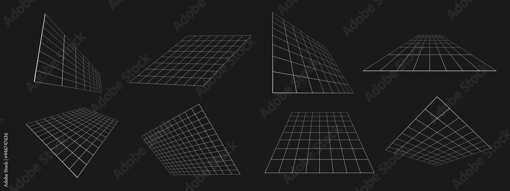 Set of retrofuturistic perspective grids at an angle. Cyber design elements. Collection of grids in cyberpunk 80s style. Cyber geometry for poster, merch in retrowave style. Vector