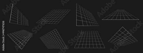 Obraz na płótnie Set of retrofuturistic perspective grids at an angle. Cyber design elements. Collection of grids in cyberpunk 80s style. Cyber geometry for poster, merch in retrowave style. Vector w salonie