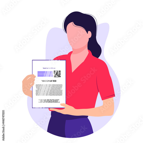 Woman holding and showing a vaccine certificate flat vector character illustration. 