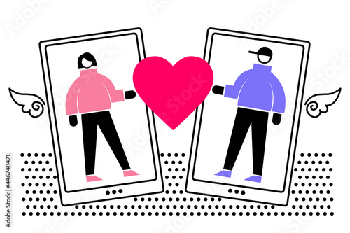 alentines day in the distance, concept. Man and woman communicate using a smartphone. Postcard. Image of phones with cupid wings and heart, flat, isolated on white background. photo