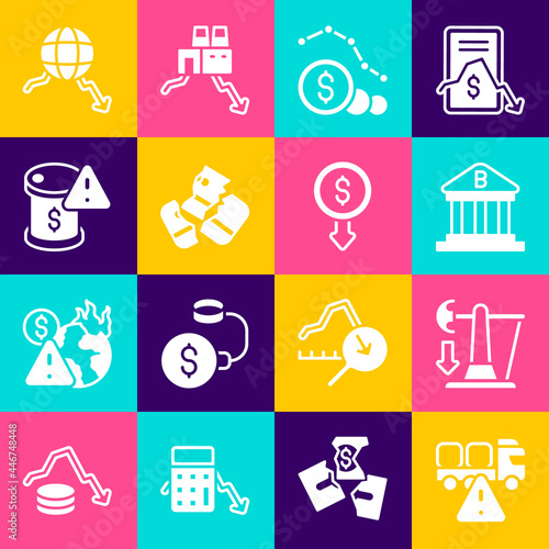 Set Stop delivery cargo truck, Drop in crude oil price, Bank building, Dollar rate decrease, Credit card, Global economic crisis and icon. Vector