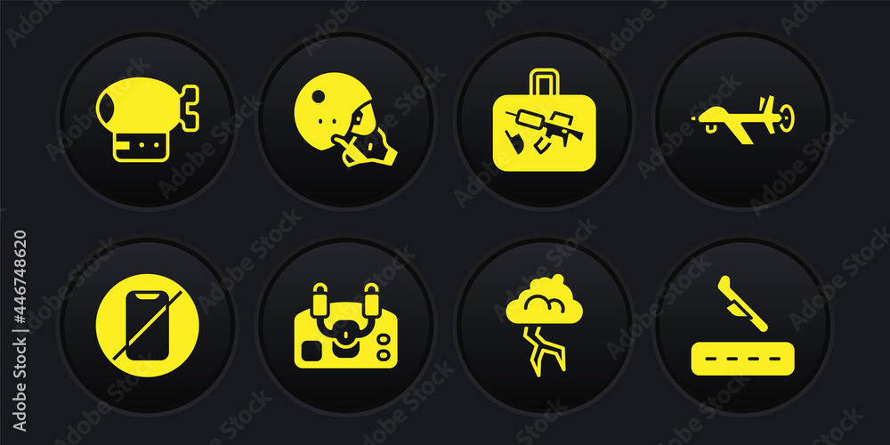 Set No cell phone, UAV Drone, Aircraft steering helm, Storm, Suitcase, Modern pilot helmet, Plane landing and Airship icon. Vector Set No cell phone, UAV Drone, Aircraft steering helm, Storm, Suitcase, Modern pilot helmet, Plane landing and Airship icon. Vector