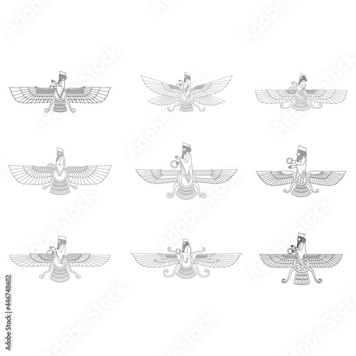 vector monochrome icon set with ancient  sumerian symbol Faravahar for your project