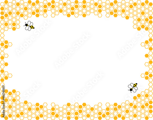 Orange border of geometric hexagons with cute bee. Symbolizing the honeycomb.