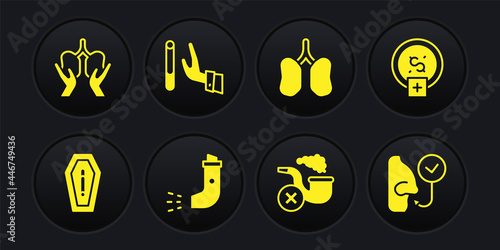 Set Death from smoking, Stop smoking, money saving, Inhaler, Smoking pipe with smoke, Lungs, Giving up cigarette, Healthy breathing and icon. Vector