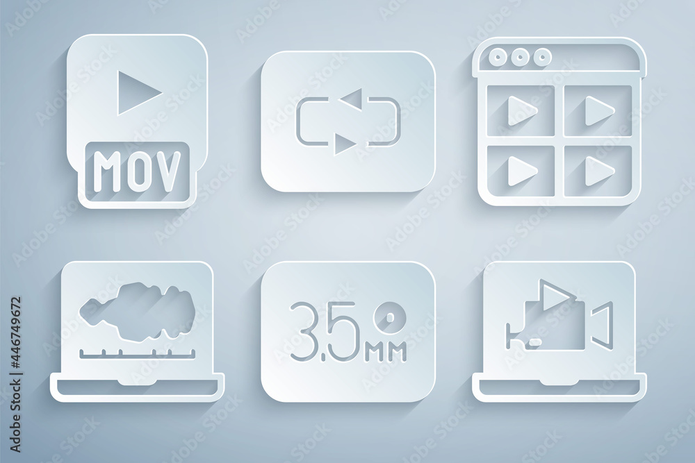 Set Audio jack, Music playlist, Sound or audio recorder, Online video, Repeat button and MOV file icon. Vector Set Audio jack, Music playlist, Sound or audio recorder, Online video, Repeat button and MOV file icon. Vector