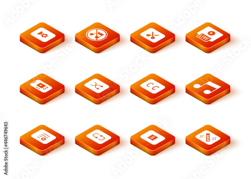 Set Add to playlist, Repeat button, Online video, Arrow shuffle, Stop media, Subtitles, Photo retouching and Music note, tone icon. Vector