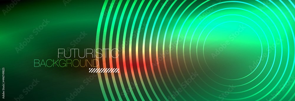 Dark abstract background with glowing neon circles. Trendy layout template for business or technology presentation, internet poster or web brochure cover, wallpaper Dark abstract background with glowing neon circles. Trendy layout template for business or technology presentation, internet poster or web brochure cover, wallpaper