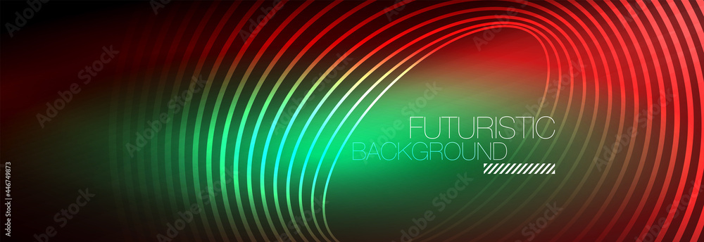 Dark abstract background with glowing neon circles. Trendy layout template for business or technology presentation, internet poster or web brochure cover, wallpaper Dark abstract background with glowing neon circles. Trendy layout template for business or technology presentation, internet poster or web brochure cover, wallpaper