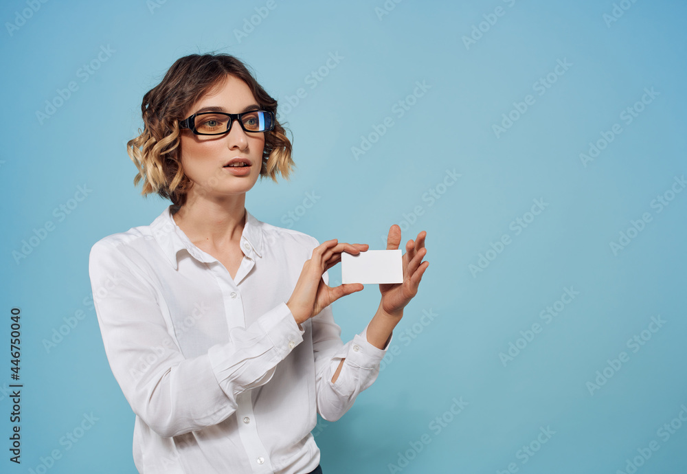 Business woman in white shirt documents business card Copy Space Business woman in white shirt documents business card Copy Space
