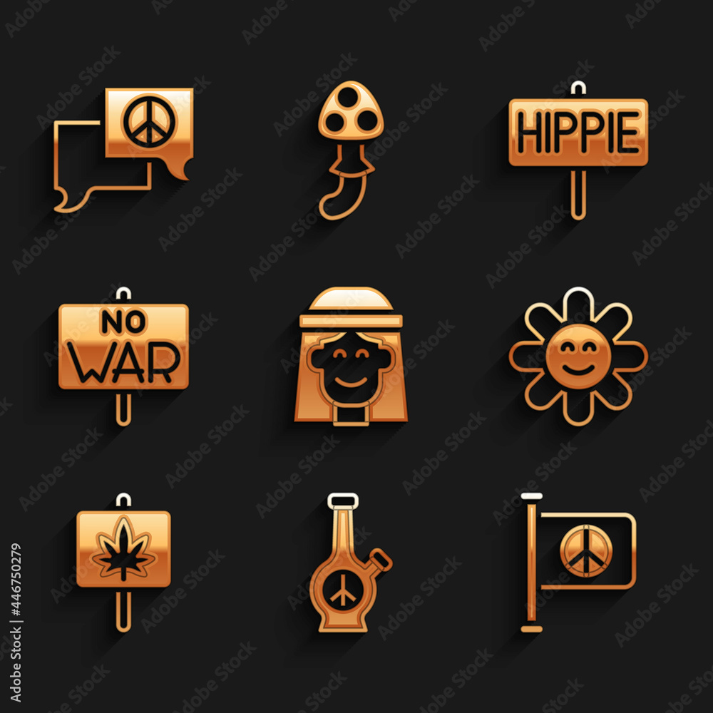 Set Hippie girl, Bong, Flag peace, Flower, Marijuana, No war, Peace and Speech bubble chat icon. Vector Set Hippie girl, Bong, Flag peace, Flower, Marijuana, No war, Peace and Speech bubble chat icon. Vector