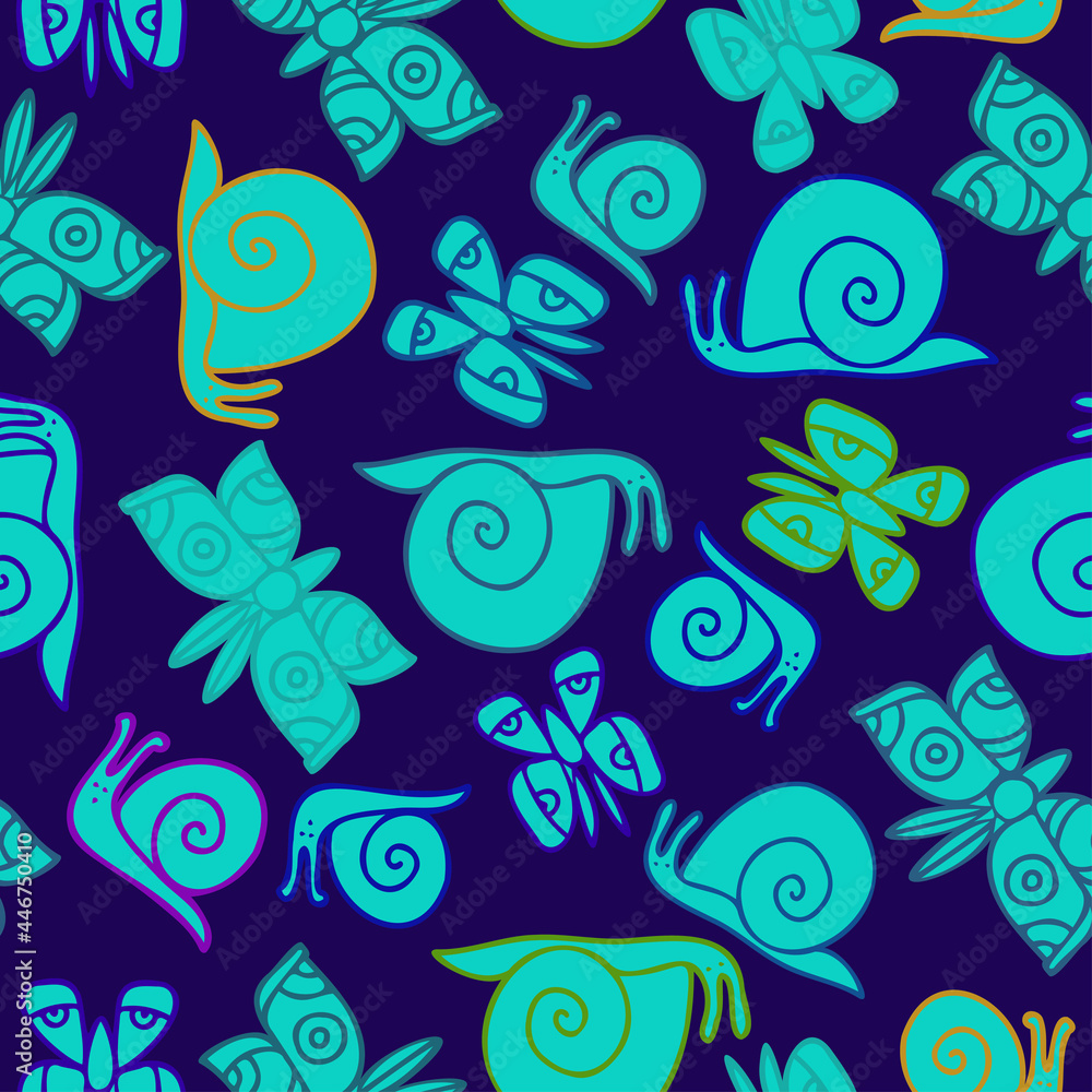 Fototapeta premium Vector seamless colorful stylised pattern with abstract simple butterflies and snails