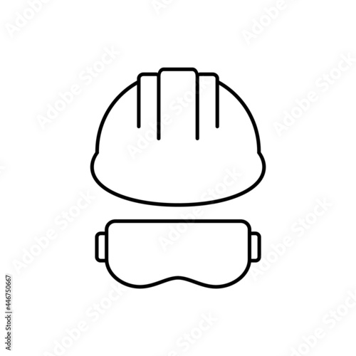 Safety helmet with goggles line icon. Hard construction hat with glasses. Work safety concept. PPE equipment. Engineer profession. Occupational hazard protection. Vector illustration, flat, clip art.