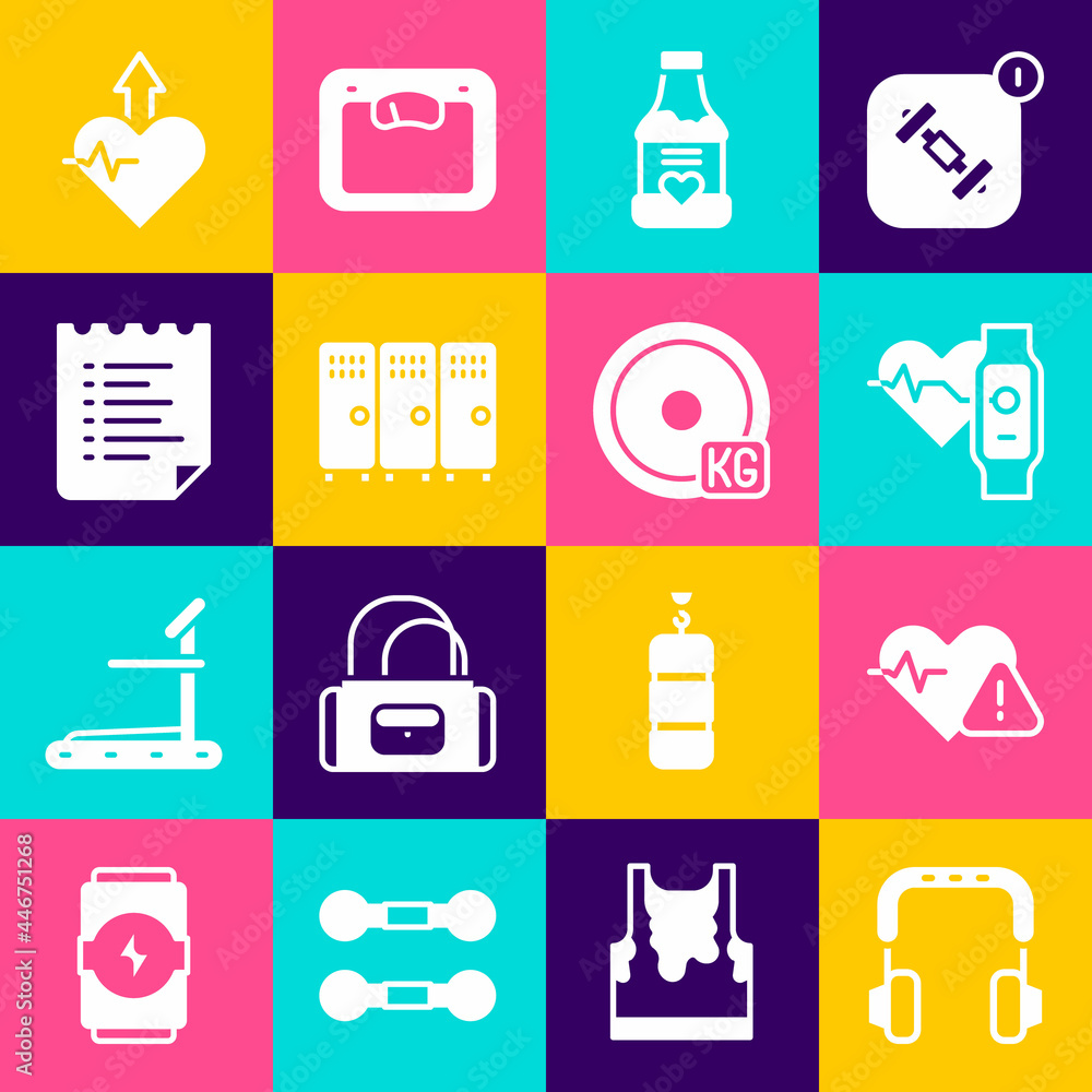Set Headphones, Heart rate, Smart watch with heart, Vitamins, Locker or changing room, Sport training program, Heartbeat increase and Weight plate icon. Vector Set Headphones, Heart rate, Smart watch with heart, Vitamins, Locker or changing room, Sport training program, Heartbeat increase and Weight plate icon. Vector