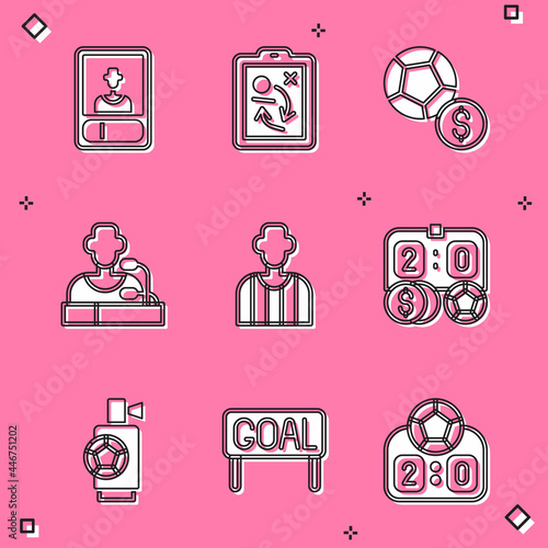 Set Football or soccer card, Planning strategy concept, Soccer football, player press conference, referee, betting money, Air horn and Goal icon. Vector