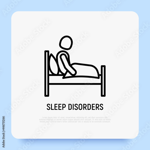 Insomnia thin line icon: sleep disorders, tired man sitting in his bed. Depression, sleepless, anxiety. Vector illustration.